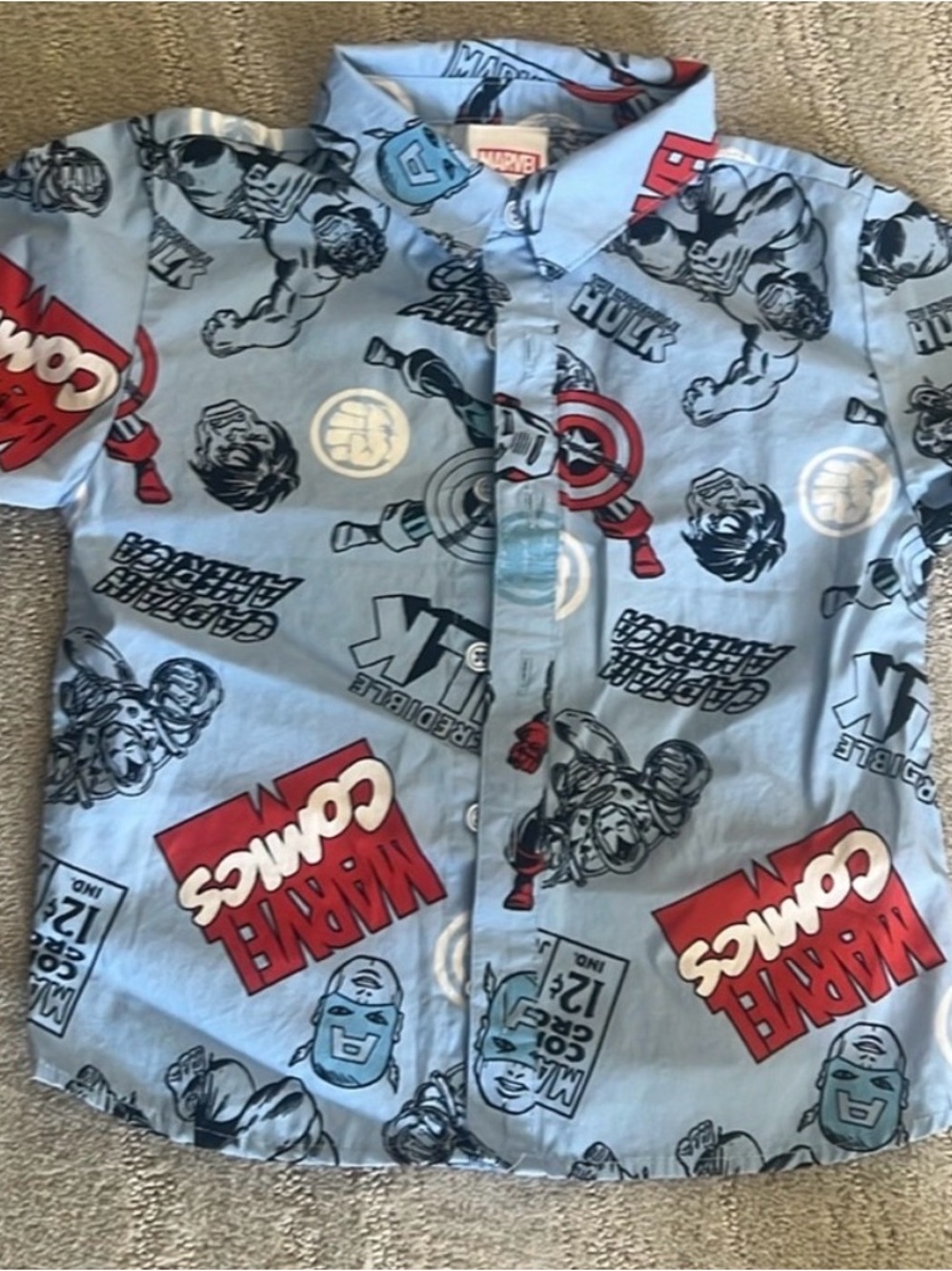 Marvel Light Blue Comic-Print Button Down Shirt
